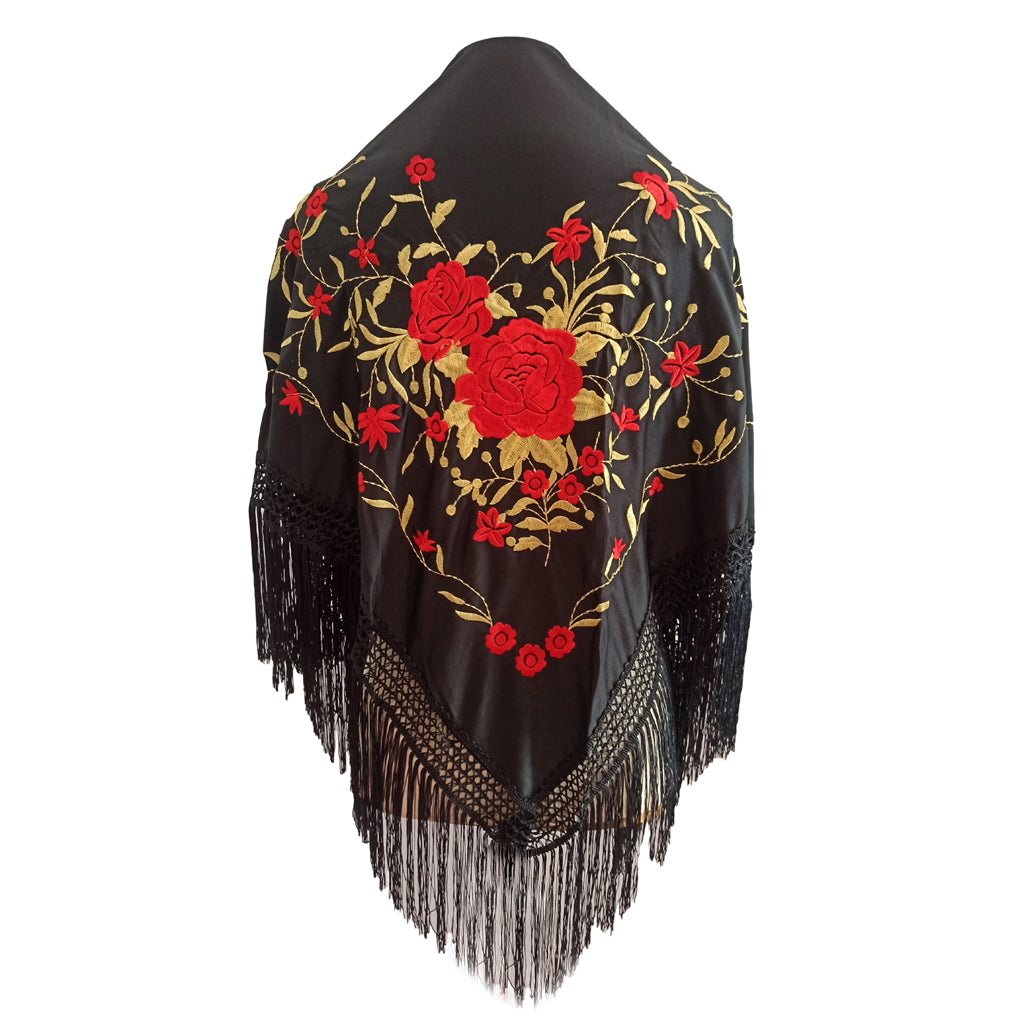 Mantón Flamenco Grande Bordado · Negro Rojo Oro Floral (160 x 85cm)