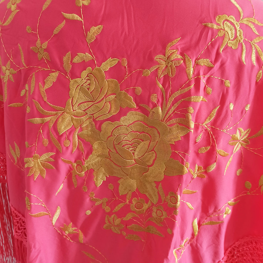 Mantón Flamenco Grande Bordado · Coral Oro Floral (160 x 85cm)