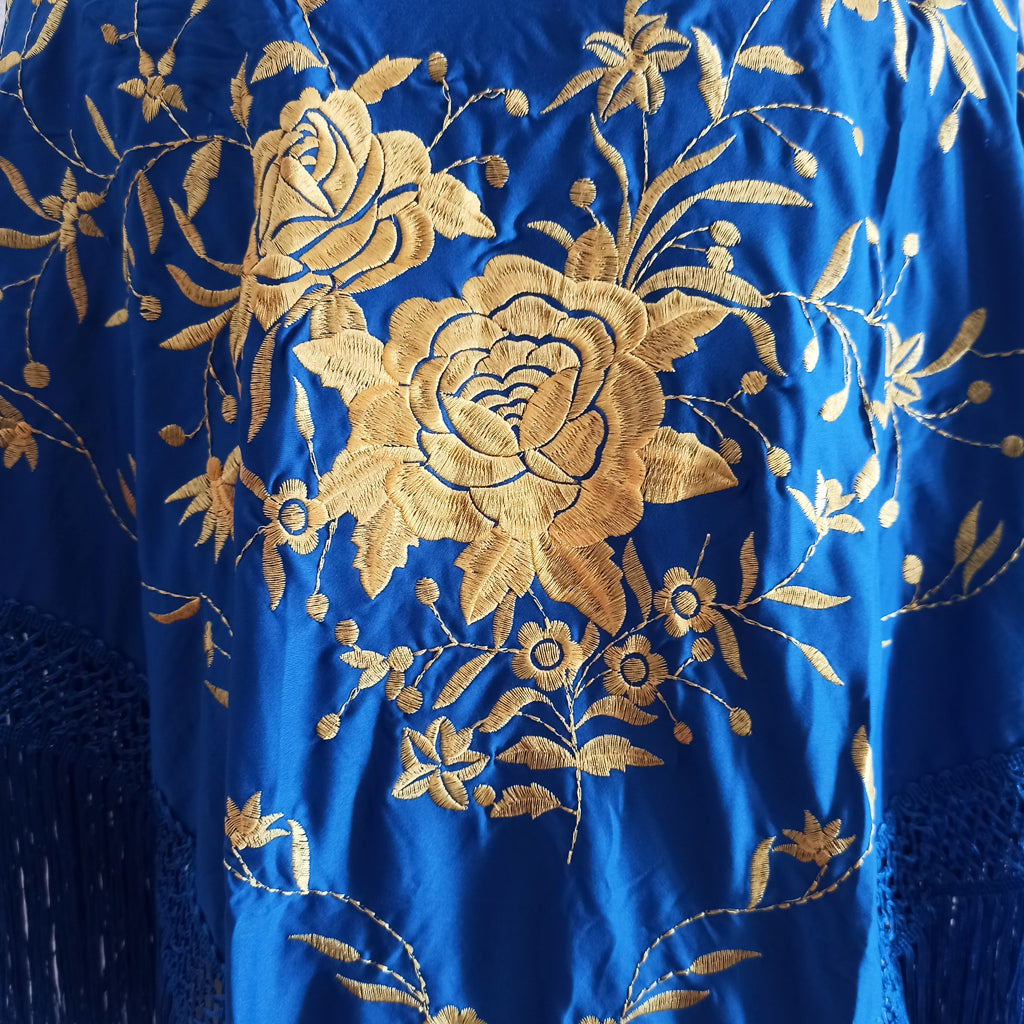 Mantón Flamenco Grande Bordado · Azul Oro Floral (160 x 85cm)