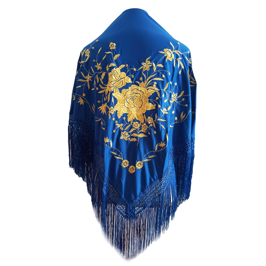 Mantón Flamenco Grande Bordado · Azul Oro Floral (160 x 85cm)