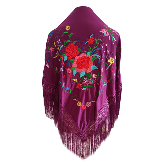 Mantón Flamenco Grande Bordado · Violeta Multicolor Floral (160 x 85cm)