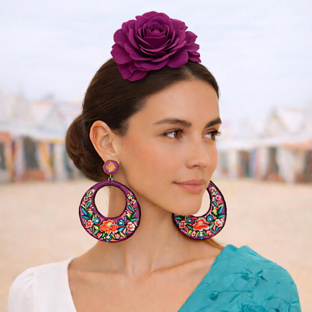 Pendientes Flamencas Bordadas Grandes de Aro · Buganvilla (últimas unidades!)