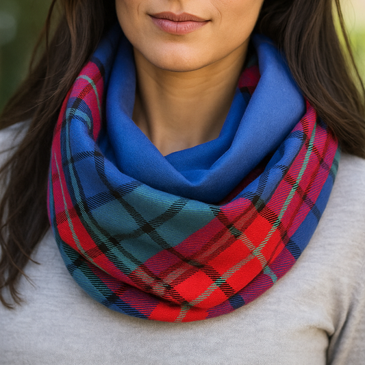 Bufanda Cuello Reversible · Cuadrados Multicolor / Azul