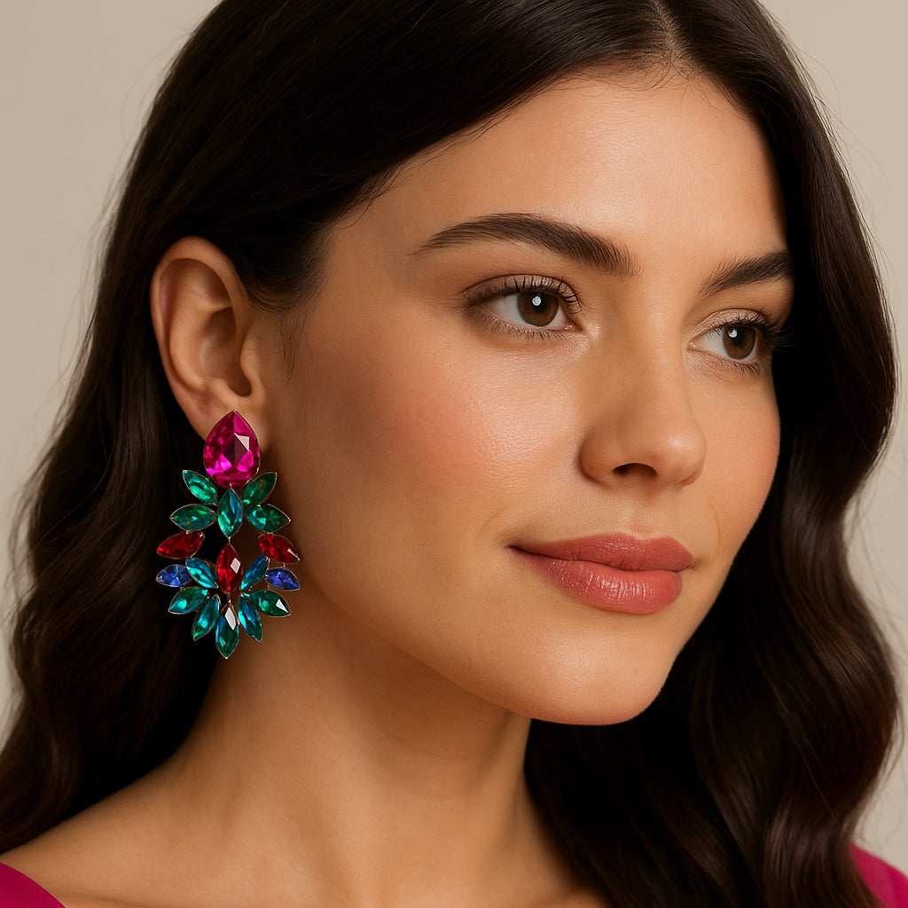Pendientes de Cristales facetados grandes y brillantes · Multicolor Fucsia Verde Esmeralda