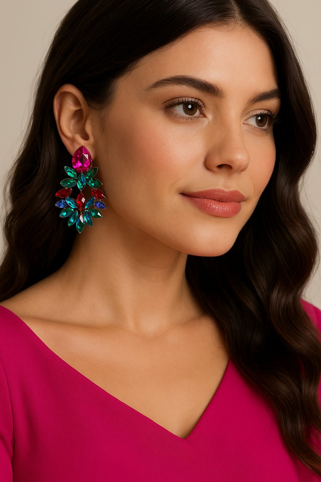 Pendientes de Cristales facetados grandes y brillantes · Multicolor Fucsia Verde Esmeralda