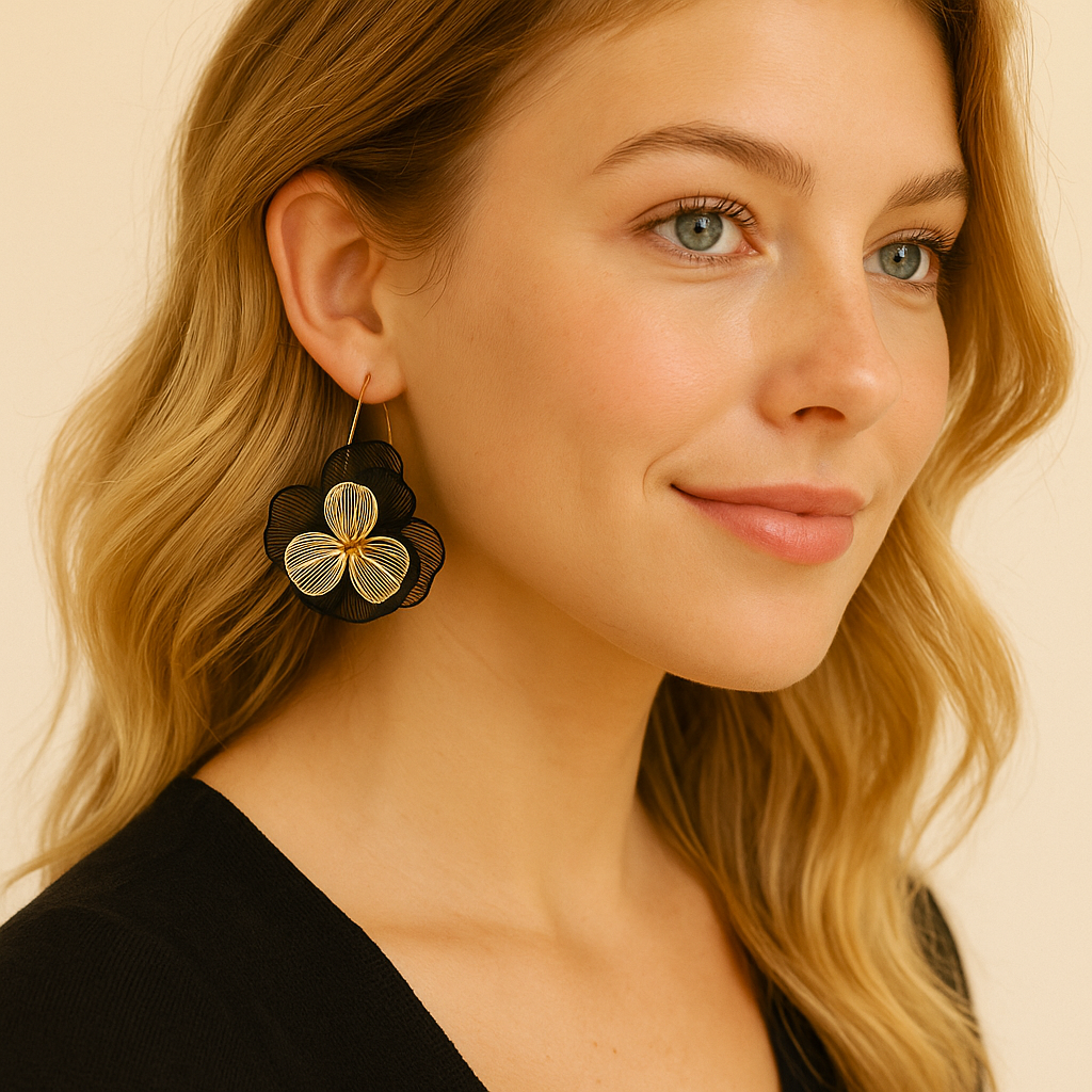 Pendientes Largos Flor Dorada con Hojas Negras · Estilosos y elegantes