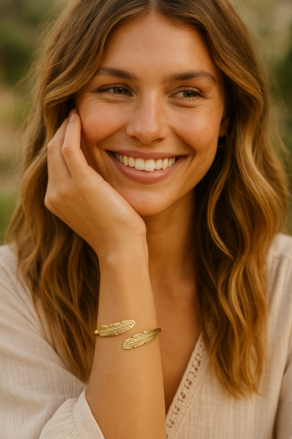 Brazalete Diseño Pluma · Oro Brillo Sútil