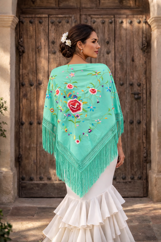 Mantón Flamenco Grande Bordado · Verde Agua Multicolor (160 x 85cm) últimas unidades!
