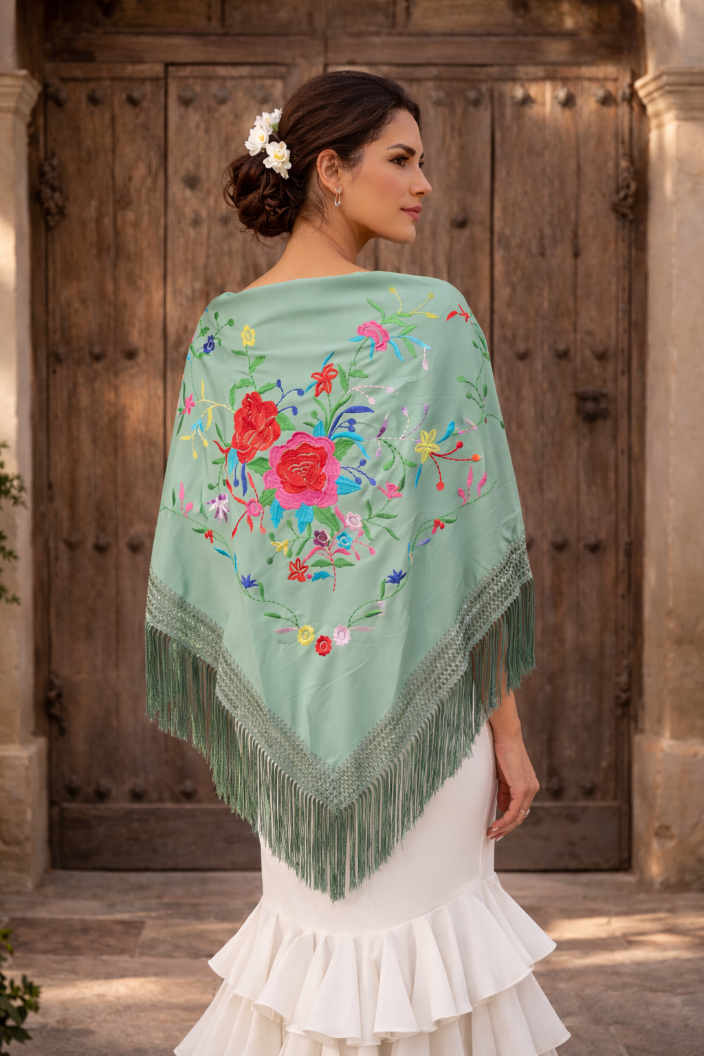 Mantón Flamenco Grande Bordado · Verde Jabonoso Multicolor Floral (160 x 85 cm)