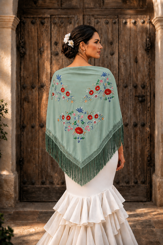 Mantón Flamenco Grande Bordado · Verde Jabonoso Multi Florecitas (160 x 85 cm)
