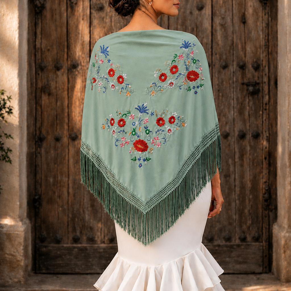 Mantón Flamenco Grande Bordado · Verde Jabonoso Multi Florecitas (160 x 85 cm)