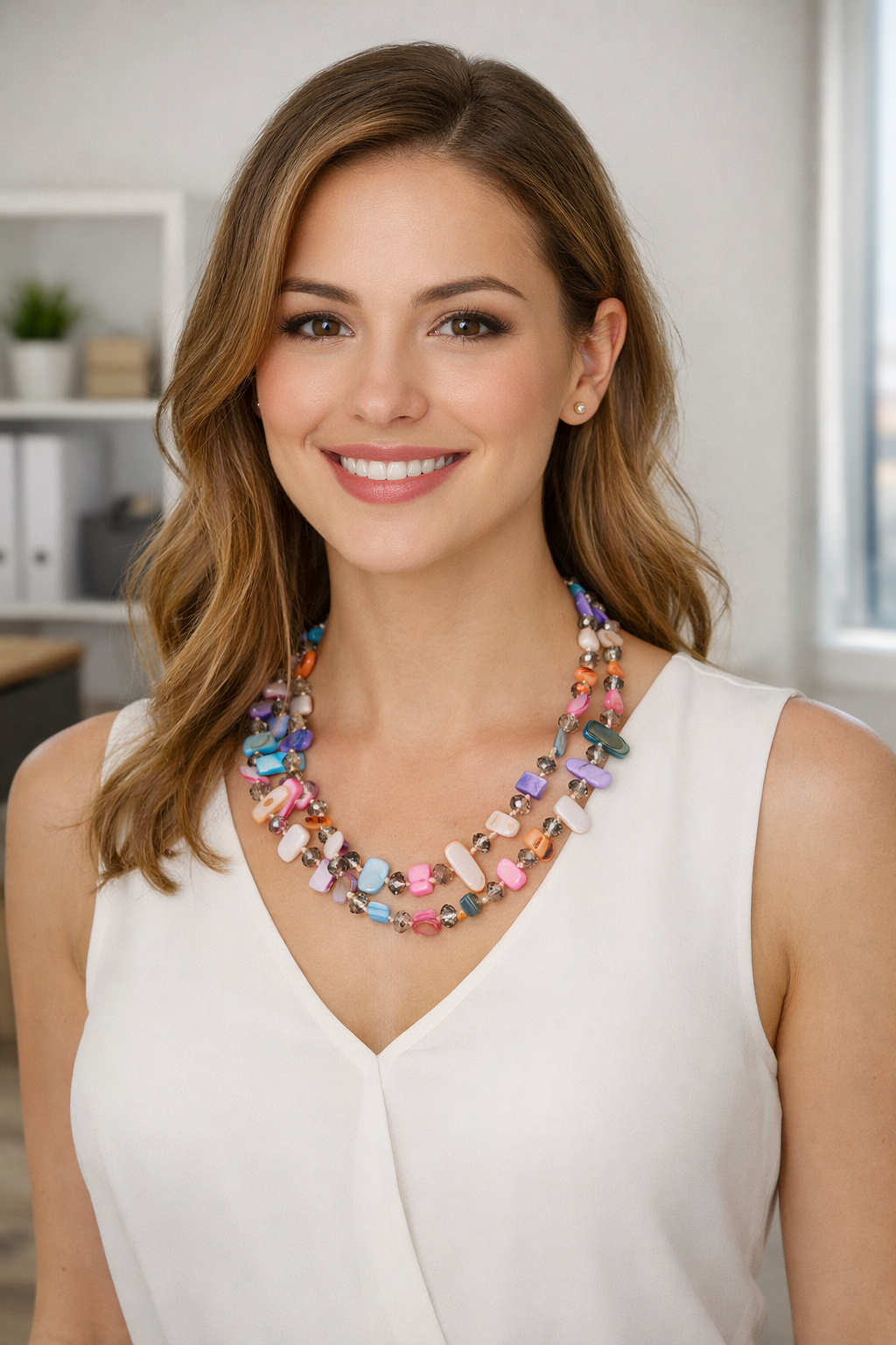 Collar Largo de Nácar Natural y Cristales Facetados · Colores Pasteles