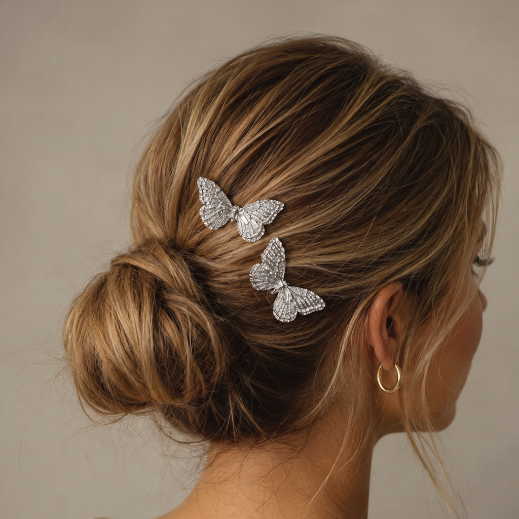 Peignes à cheveux argentés moyens · Papillons argentés Taille M (Lot de 2)