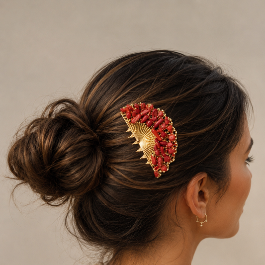 Peineta Dorada de Abanico con Piedras Naturales para Pelo | Adorno Elegante, Rojo Coral