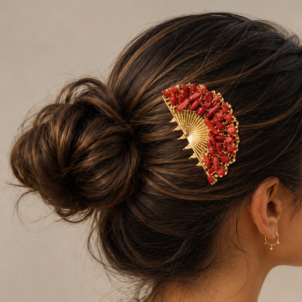 Peineta Dorada de Abanico con Piedras Naturales para Pelo | Adorno Elegante, Rojo Coral