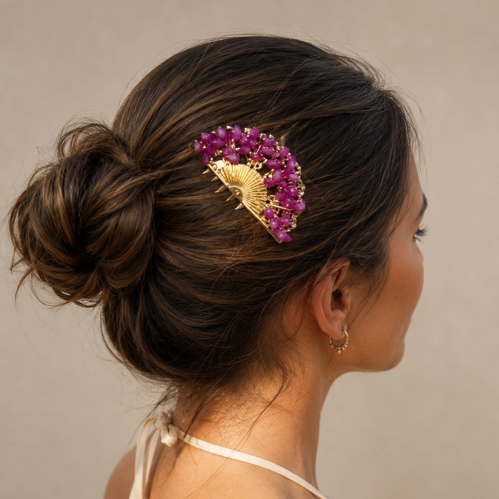 Peineta Dorada de Abanico con Piedras Naturales para Pelo | Adorno Elegante, Violeta