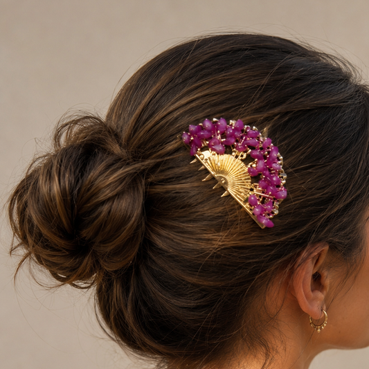Peineta Dorada de Abanico con Piedras Naturales para Pelo | Adorno Elegante, Violeta