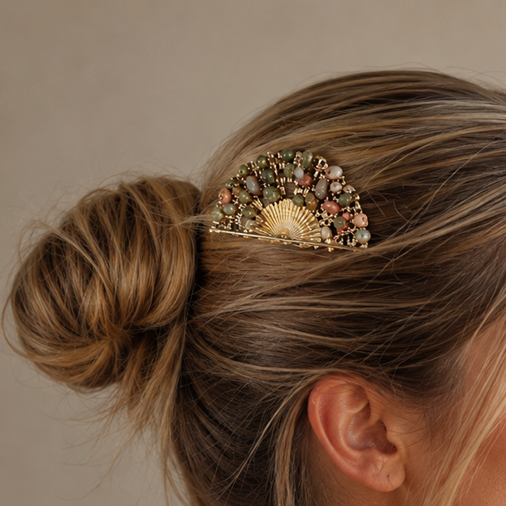 Peineta Dorada de Abanico con Piedras Naturales para Pelo | Adorno Elegante, Marrón Oliva