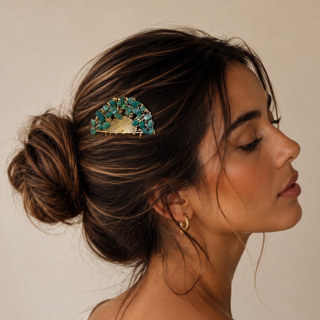 Peineta Dorada de Abanico con Piedras Naturales para Pelo | Adorno Elegante, Turquesa (última unidad!)