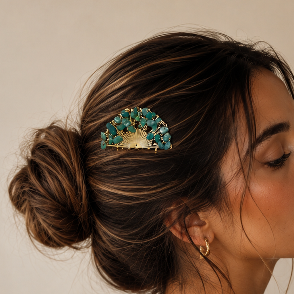 Peineta Dorada de Abanico con Piedras Naturales para Pelo | Adorno Elegante, Turquesa (última unidad!)