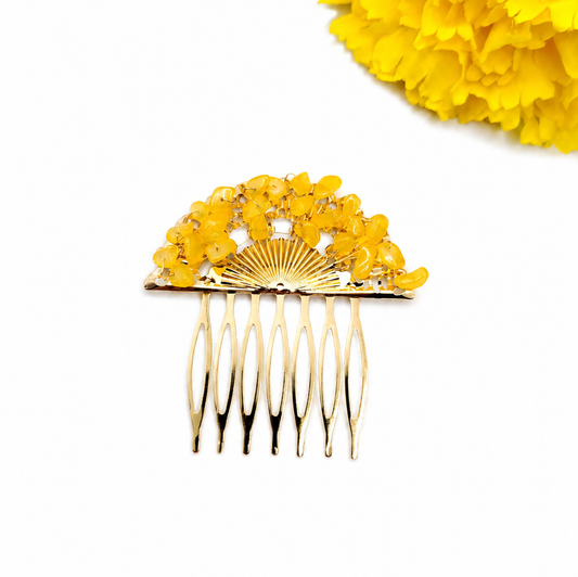 Peineta Dorada de Abanico con Piedras Naturales para Pelo | Adorno Elegante, Amarillo