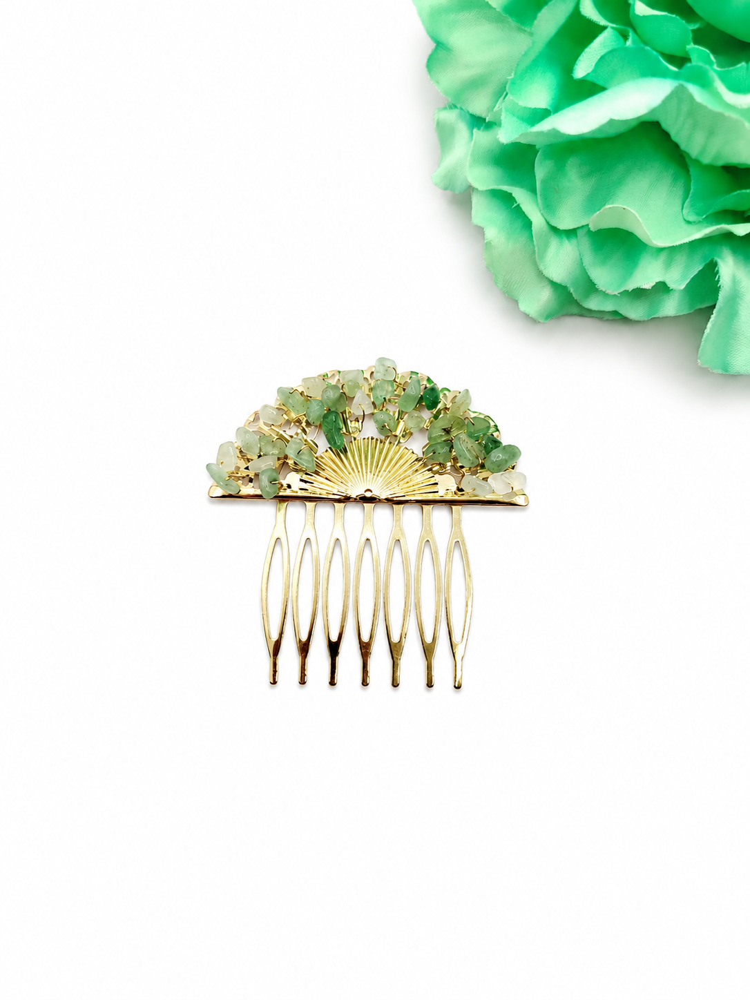 Peineta Dorada de Abanico con Piedras Naturales para Pelo | Adorno Elegante, Verde Agua