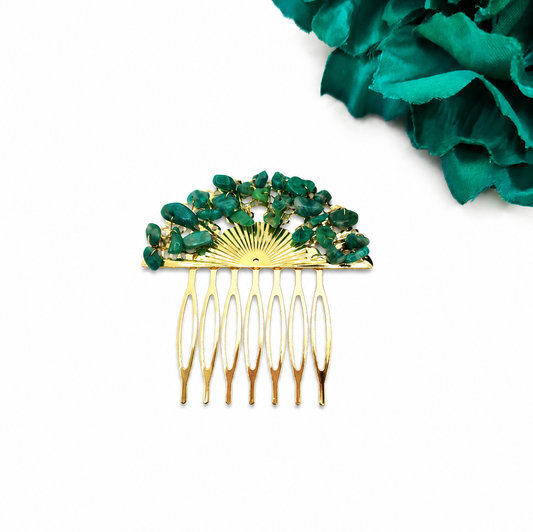 Peineta Dorada de Abanico con Piedras Naturales para Pelo | Adorno Elegante, Verde Esmeralda