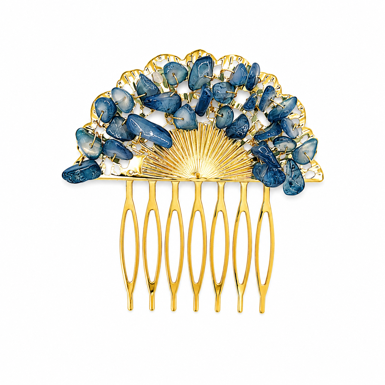 Peineta Dorada de Abanico con Piedras Naturales para Pelo | Adorno Elegante, Azul Marino