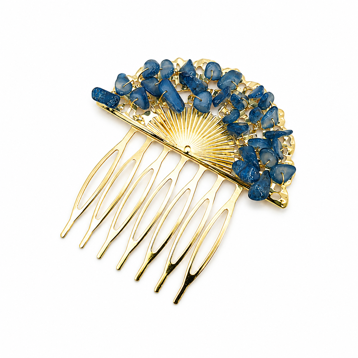 Peineta Dorada de Abanico con Piedras Naturales para Pelo | Adorno Elegante, Azul Marino