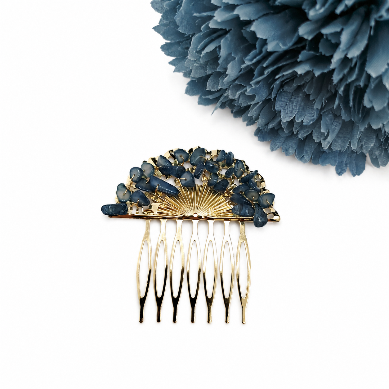 Peineta Dorada de Abanico con Piedras Naturales para Pelo | Adorno Elegante, Azul Marino