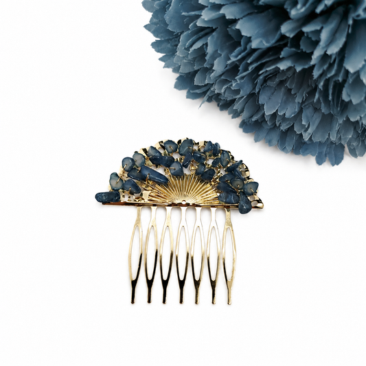 Peineta Dorada de Abanico con Piedras Naturales para Pelo | Adorno Elegante, Azul Marino