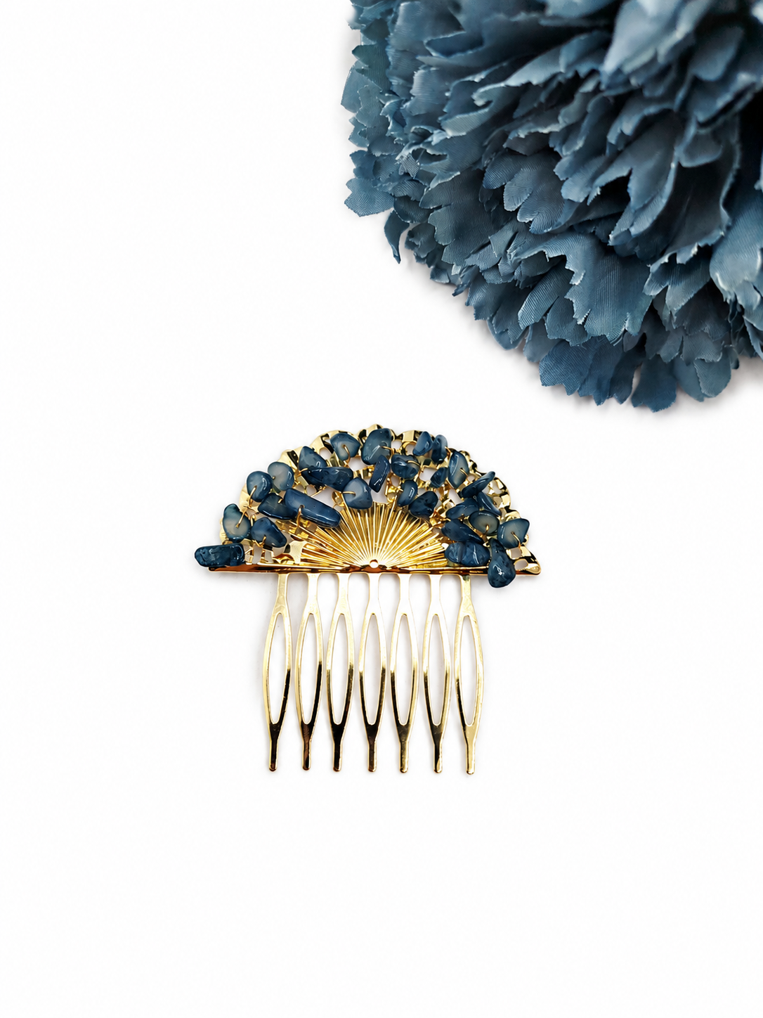 Peineta Dorada de Abanico con Piedras Naturales para Pelo | Adorno Elegante, Azul Marino