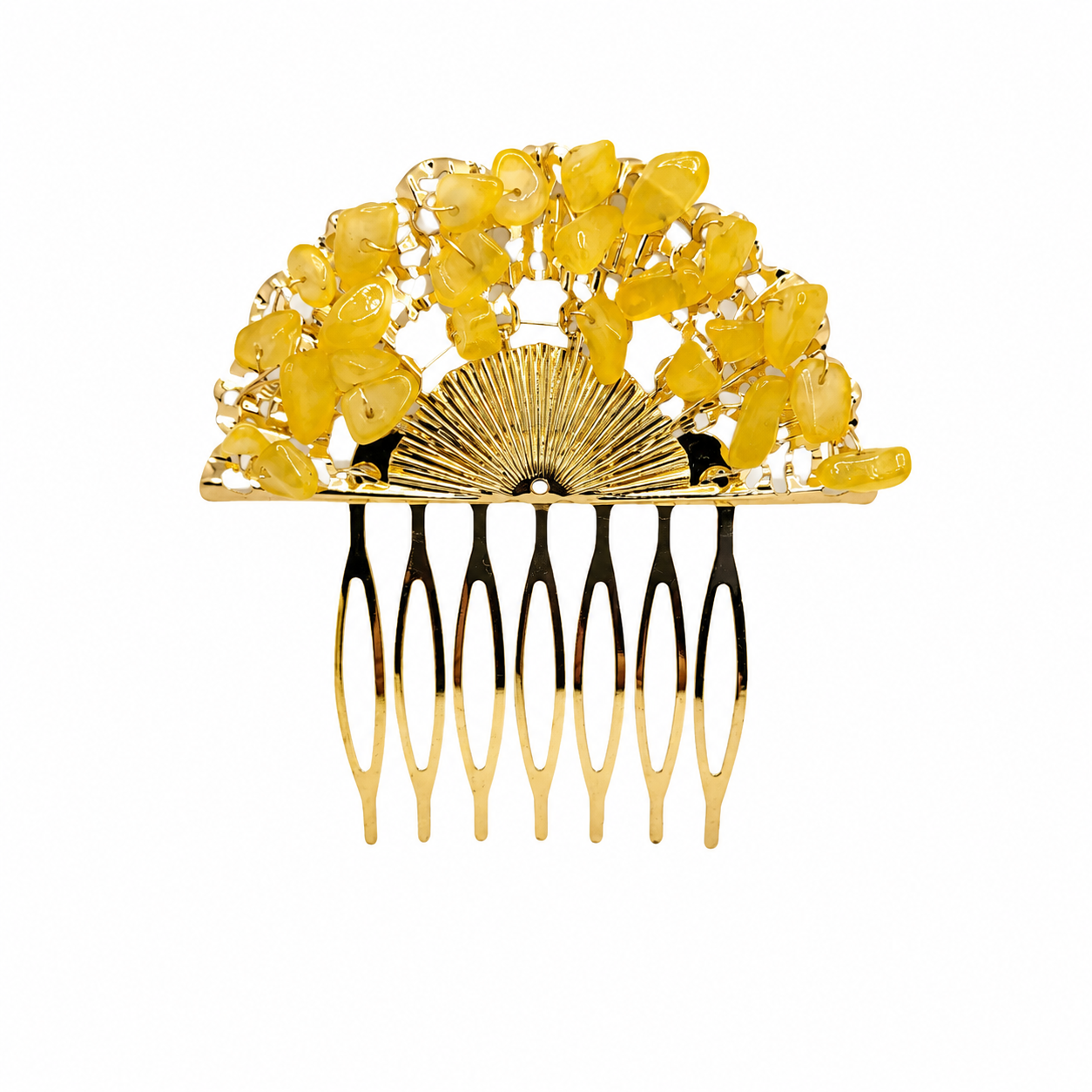 Peineta Dorada de Abanico con Piedras Naturales para Pelo | Adorno Elegante, Amarillo