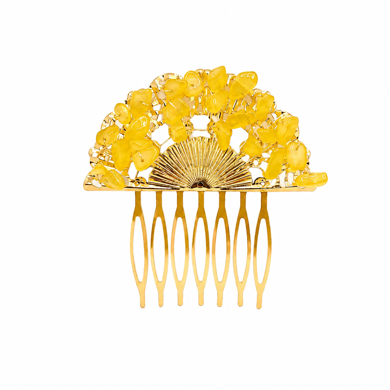 Peineta Dorada de Abanico con Piedras Naturales para Pelo | Adorno Elegante, Amarillo
