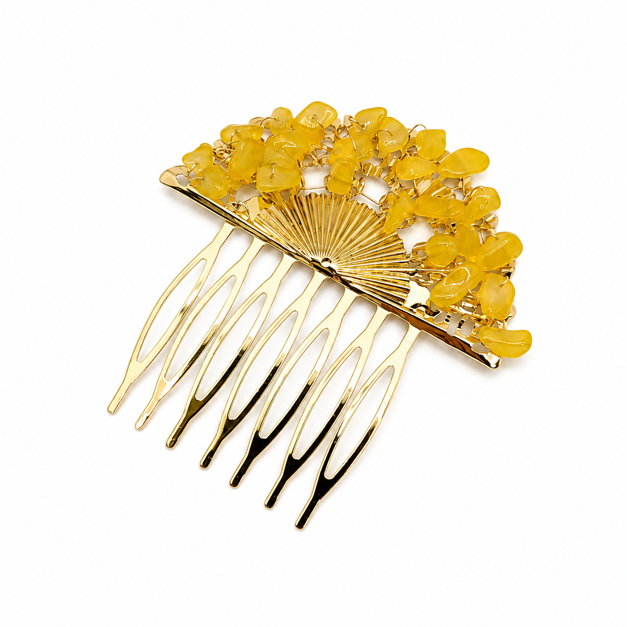 Peineta Dorada de Abanico con Piedras Naturales para Pelo | Adorno Elegante, Amarillo