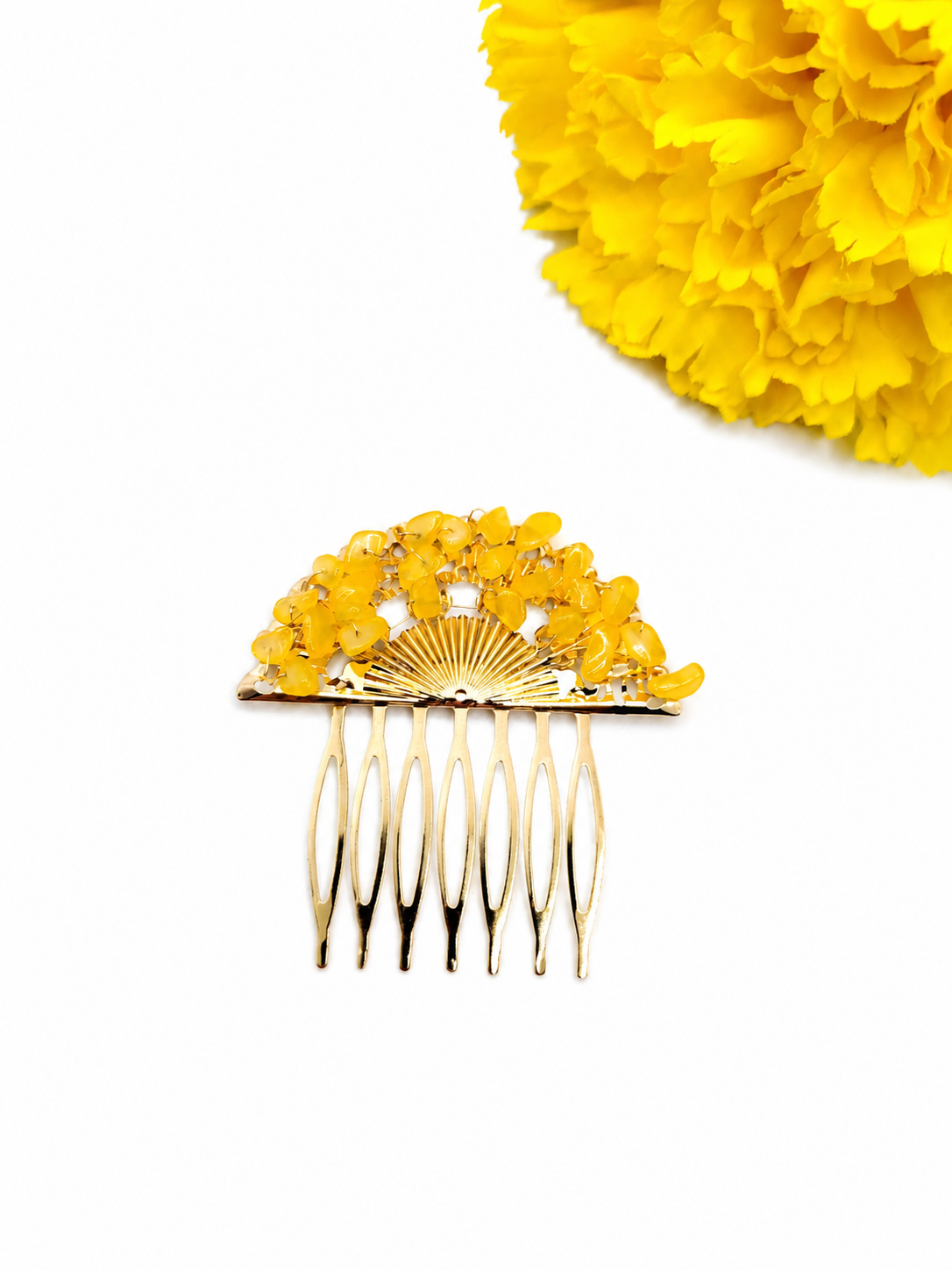 Peineta Dorada de Abanico con Piedras Naturales para Pelo | Adorno Elegante, Amarillo