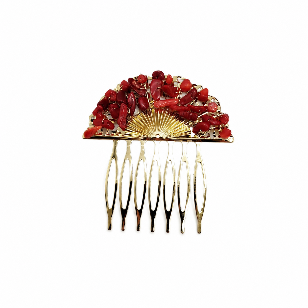 Peineta Dorada de Abanico con Piedras Naturales para Pelo | Adorno Elegante, Rojo Coral