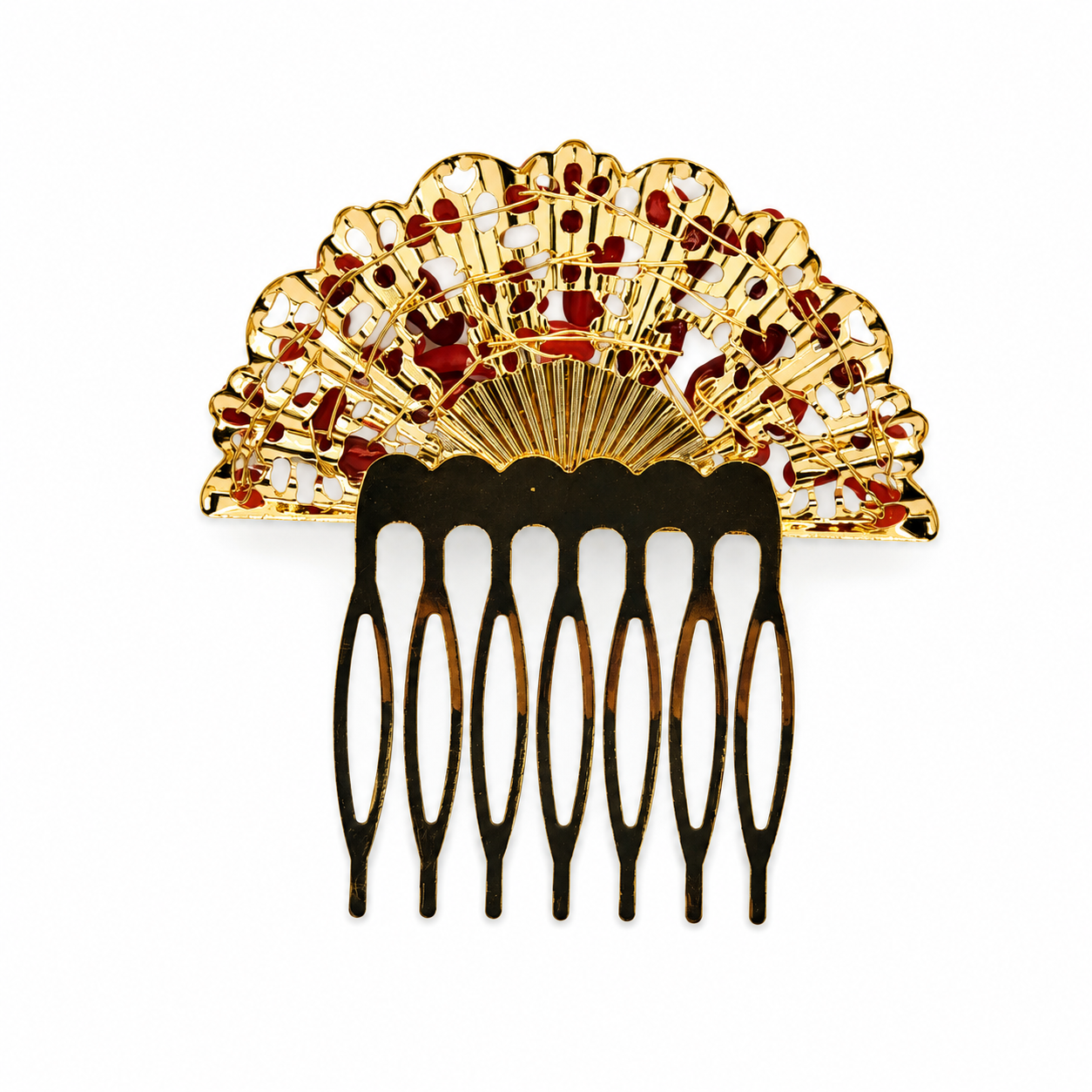 Peineta Dorada de Abanico con Piedras Naturales para Pelo | Adorno Elegante, Rojo Coral