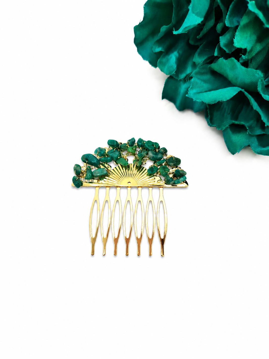 Peineta Dorada de Abanico con Piedras Naturales para Pelo | Adorno Elegante, Verde Esmeralda