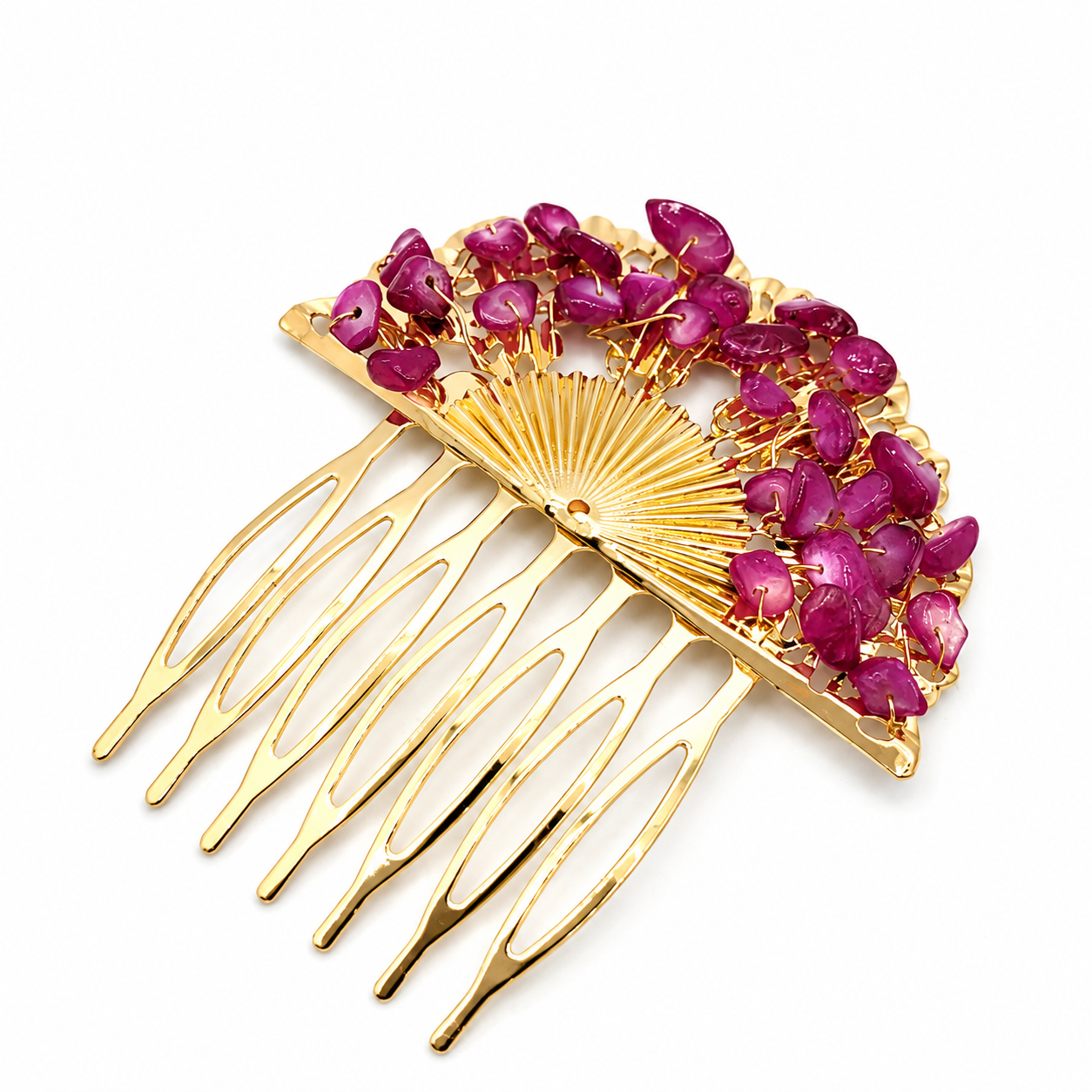 Peineta Dorada de Abanico con Piedras Naturales para Pelo | Adorno Elegante, Violeta