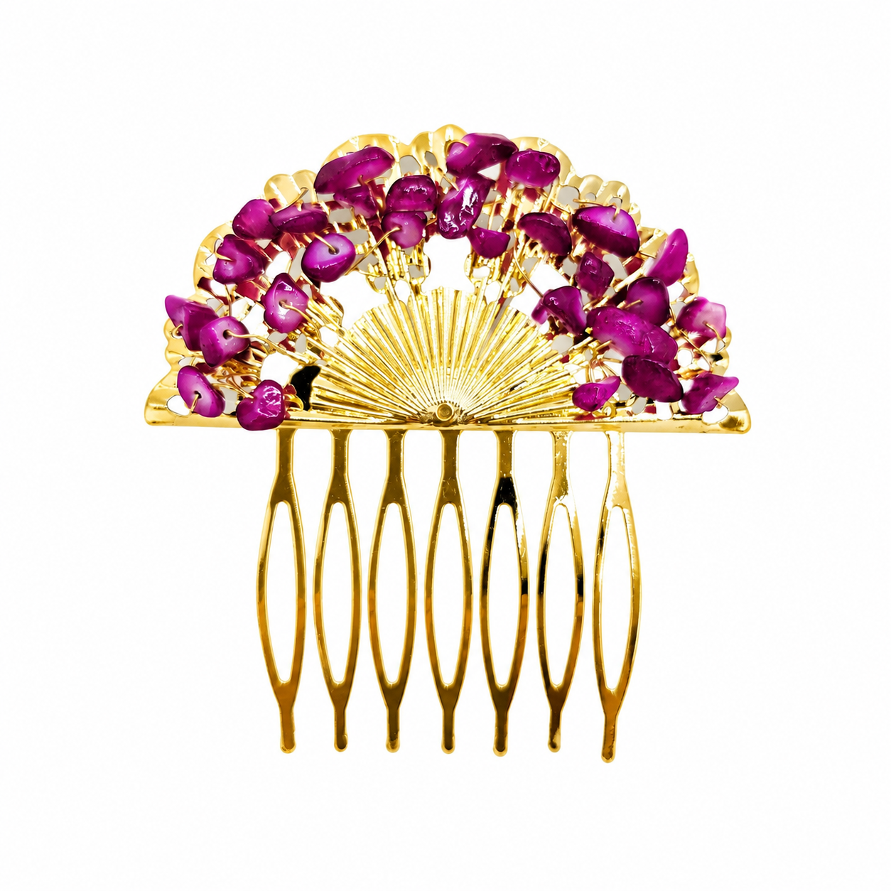 Peineta Dorada de Abanico con Piedras Naturales para Pelo | Adorno Elegante, Violeta