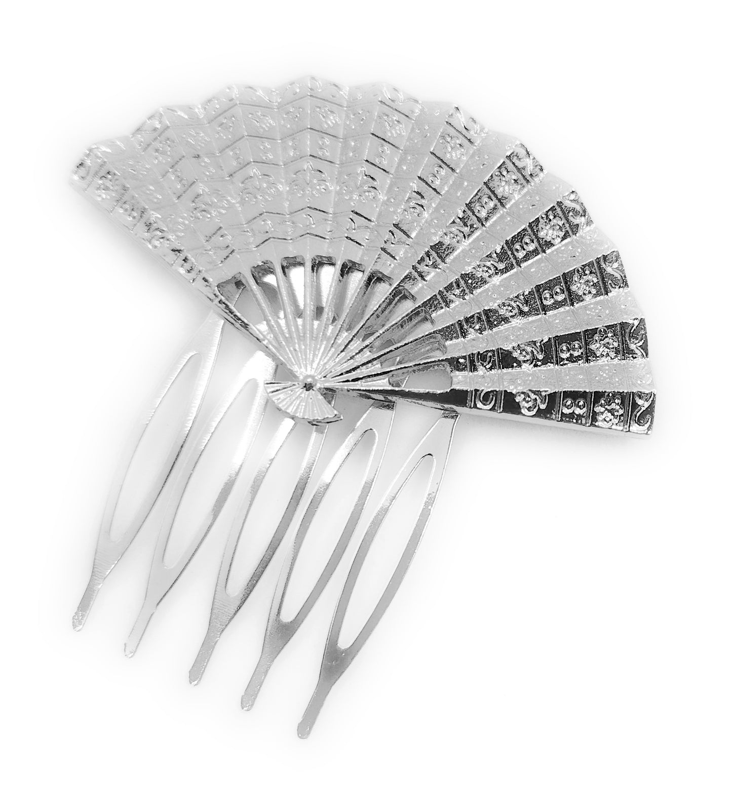Peineta Flamenca Plateado · Abanico Plata Brillo (Talla M)