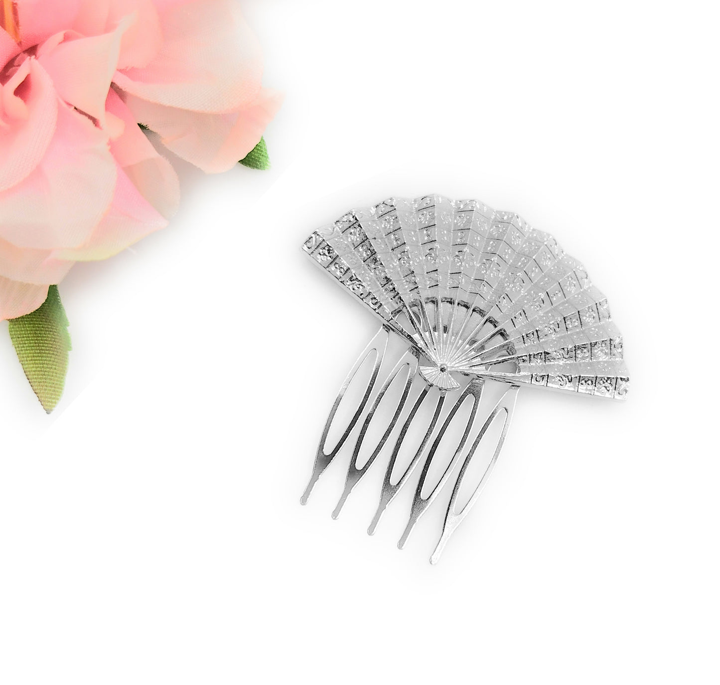 Peineta Flamenca Plateado · Abanico Plata Brillo (Talla M)