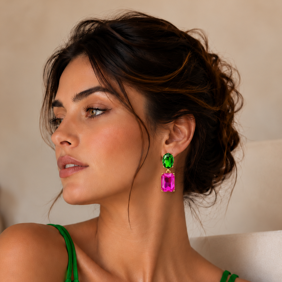 Pendientes Cristales Facetados Brillantes · Verde Bosque Fucsia