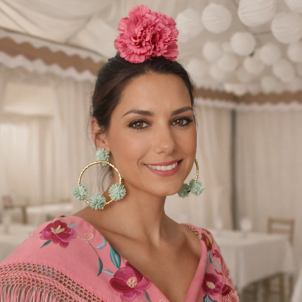 Flamenco-Ohrringe in Gold · Aquagrüne Blumencreolen