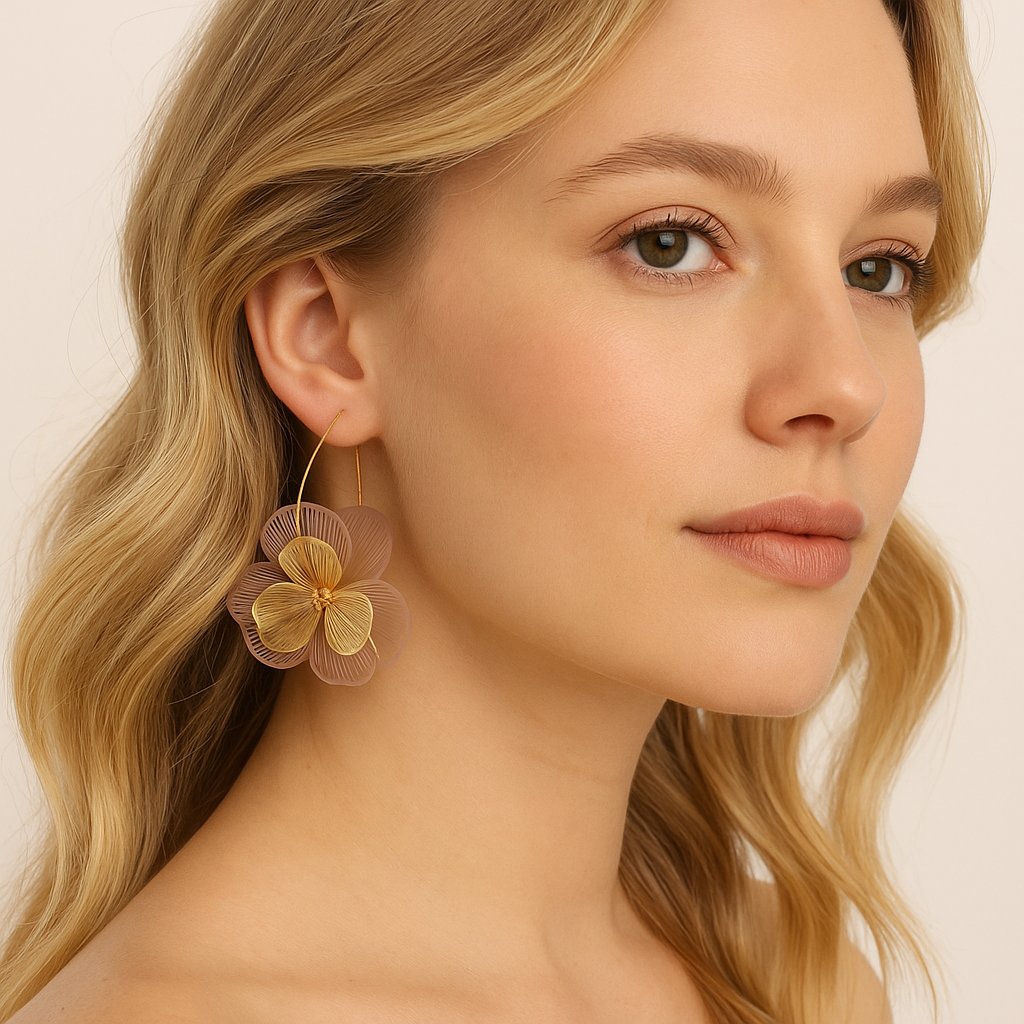 Pendientes Largos Flor Dorada con Hojas Nude · Elegantes y delicados