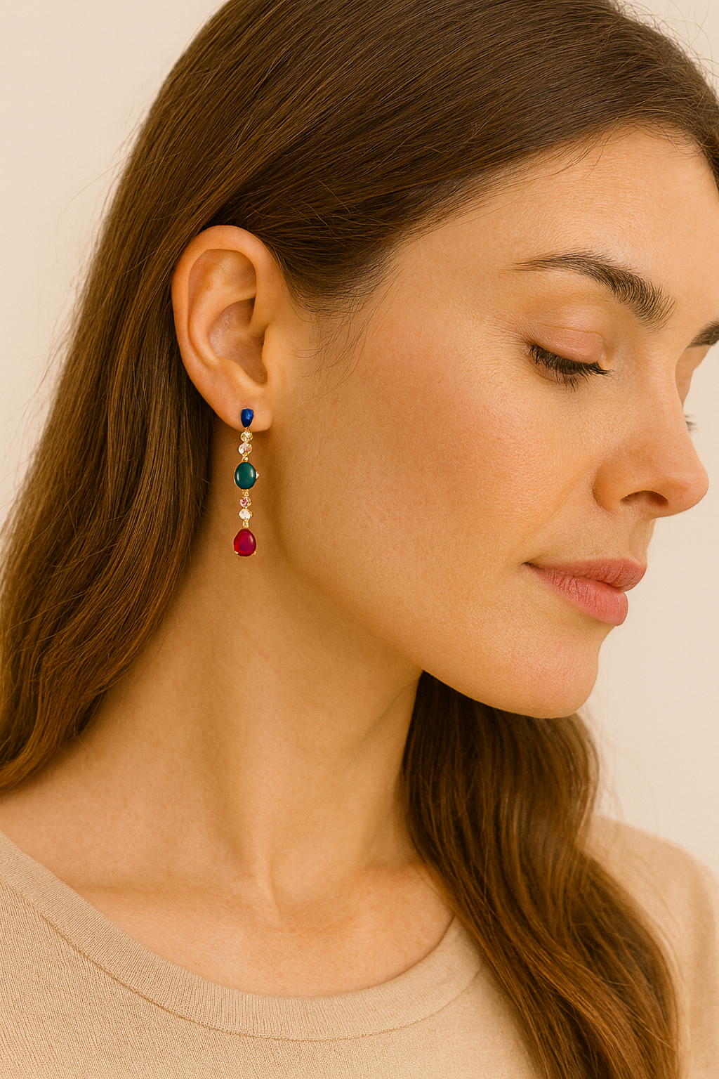 Pendientes Largos Triple Cristales Color · Multicolor Azul Verde Rojo