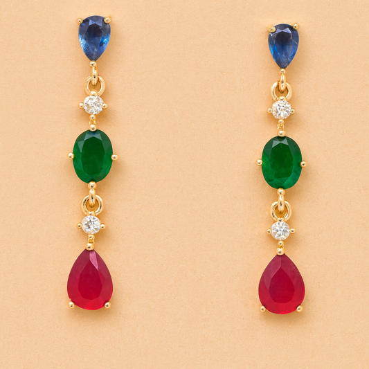 Pendientes Largos Triple Cristales Color · Multicolor Azul Verde Rojo