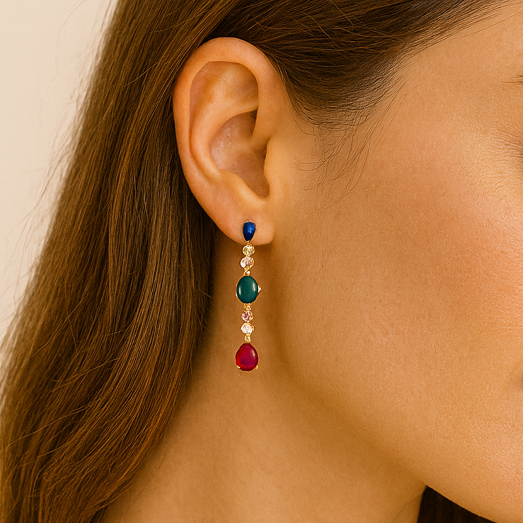 Pendientes Largos Triple Cristales Color · Multicolor Azul Verde Rojo
