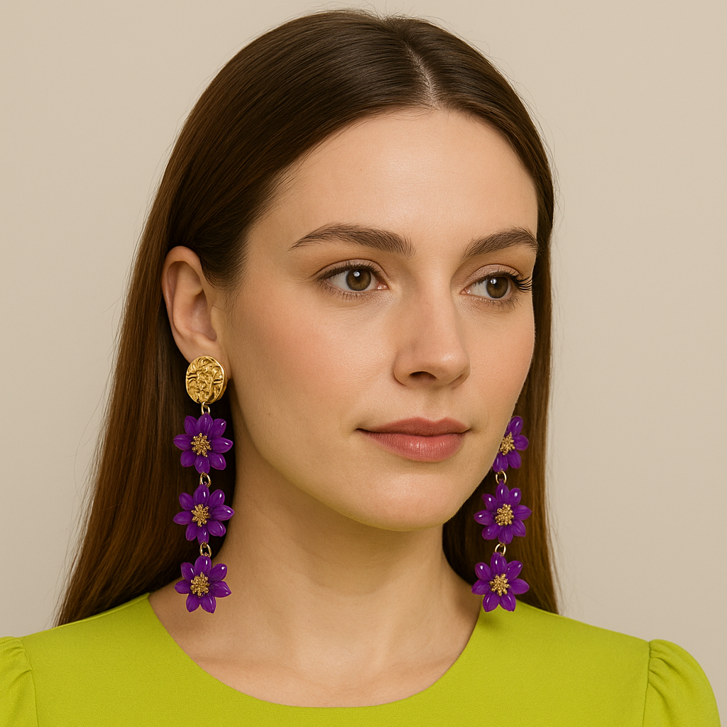 Pendientes Largos Triple Cristales Color · Flores Morado